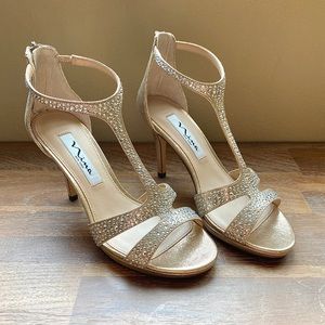 Nina Gold T-Strap Rhinestone Stiletto Heels